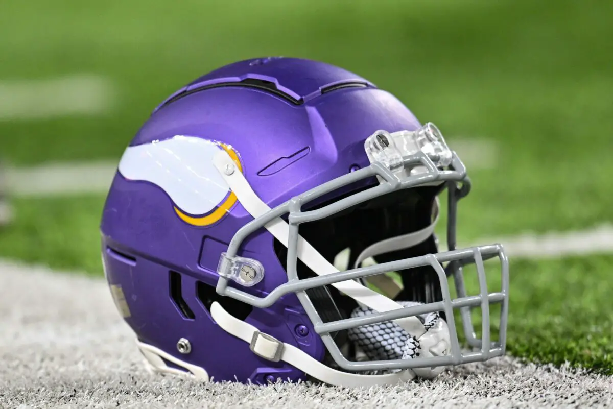 Nov 27, 2023; Minneapolis, Minnesota, USA; A Minnesota Vikings helmet sits idle on the field before the game between the Minnesota Vikings and the Chicago Bears at U.S. Bank Stadium. Mandatory Credit: Jeffrey Becker-USA TODAY Sports